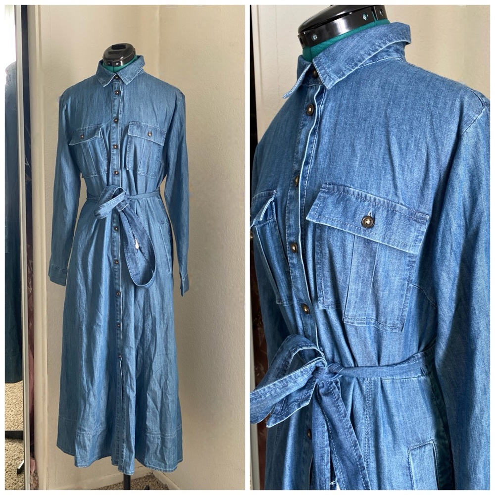 LOFT Blue Button-Down Denim Midi Belted Dress Size 8
